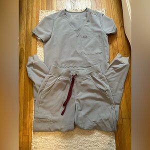 Figs Cement Gray Scrub Set with Maroon Accent